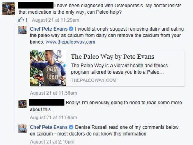 Pete Evans’ advice on Facebook.