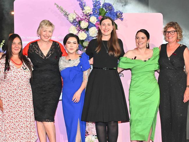 ADELAIDE, MARCH 7, 2024: Awardees from left Courtney Hunter-Hebberman, Elaine Bensted, Corporal Kbora Ali, Dr Sarah Scholten, Alexandra Thomas and Kate Goodman at The Advertiser Sunday Mail SkyCity 2024 Woman of the Year Awards on March 7.