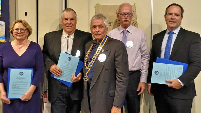 WELCOME: President Warren O'Neill (centre) greets new Rotary members Glenis Lewis, John Lewis, Gerard Van Der Horst and Brad Hill. Picture: contributed