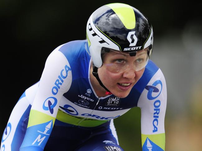 Shara Gillow (Qld) on her way to winning the Cycling Australia Road National Championships Elite Women's Individual Time Trial along the Avenue of Honour at Lake Wendouree, Victoria