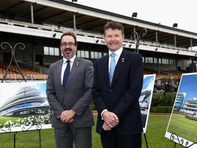 Racing Minister Martin Pakula and VRC chairman Michael Burn announce the redevelopment of the old members stand at Flemington. Picture: Getty Images