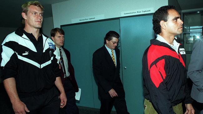 Collingwood's Damian Monkhorst & Essendon's Michael Long arrive for AFL press conference on racisim in sport. Sport / Australian Rules / Head / With Others