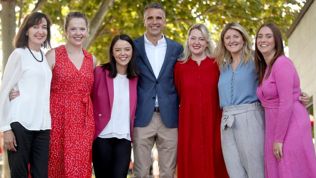 Premier-elect of South Australia Peter Malinauskas with deputy leader Susan Close and new MPs Nadia Clancy, Olivia Savvas, Lucy Hood, Erin Thompson and Rhiannon Pearce at Prospect on Sunday morning. Picture: NCA NewsWire / Kelly Barnes