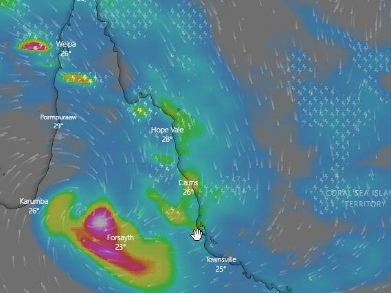 Tropical cyclone Imogen has weakened to a tropical low but remains a dangerous system with widespread flooding rainfall expected over northern Queensland. PICTURE: WINDY.