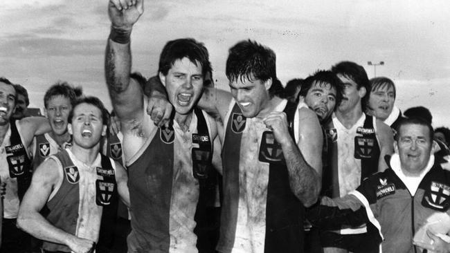 St Kilda captain Danny Frawley celebrates a win against Geelong.