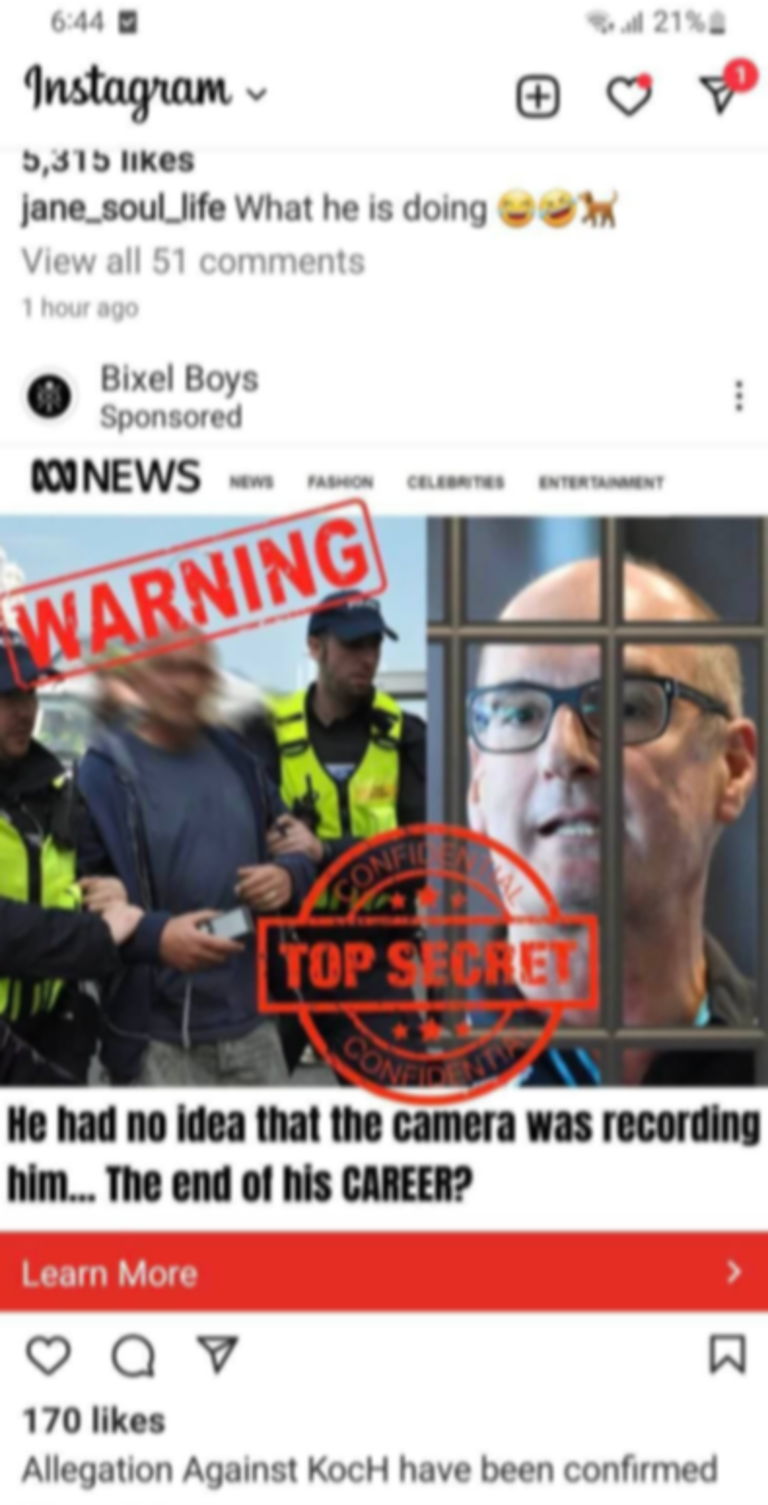 Another fake news story explaining why David Koch has fictitiously been arrested for an incident caught on camera. Picture: Instagram