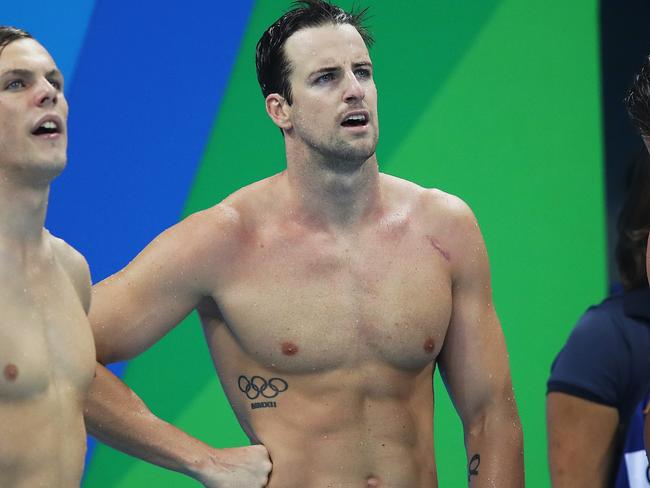 Australia's Kyle Chalmers with James Magnussen during 4 x 100m Relay heats on Day 2 of swimming at the Rio 2016 Olympic Games. The Aussies finished 3rd fastest. Picture. Phil Hillyard