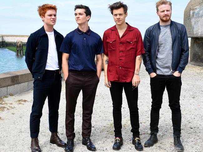 Actors Tom Glynn-Carney, Fionn Whitehead, Harry Styles and Jack Lowden said they became like family on the set of Dunkirk. Picture: AFP photo/Francois Lo Presti