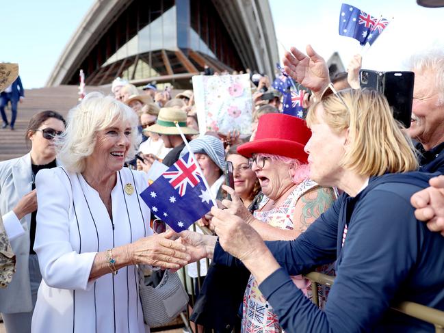 Queen Camilla chats to royal fans at the Sydney Opera House. Picture: Chris Jackson/Getty Images