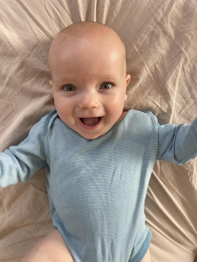 Jude Bladen. Eight months. Happiest gummy shark youll ever meet. Big, beautiful, blue, sparkly eyes. Smiles at everyone. Easy going. Beautiful, smiley baby