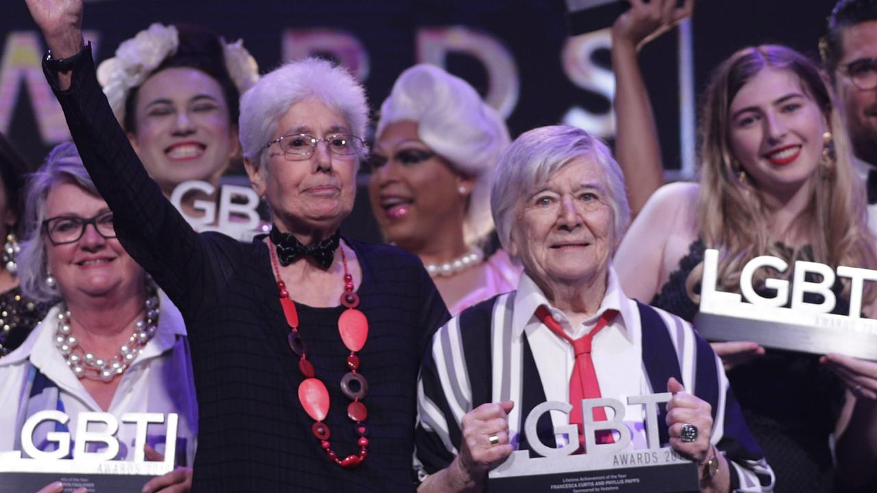 Phyllis Papps and Francesca Curtis winning the Lifetime Achievement Award at the Australian 2019 Australian LGBTI Awards in Sydney. Picture: Brook Mitchell/Getty Images