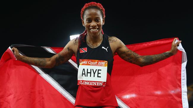 Michelle-Lee Ahye of Trinidad and Tobago celebrates winning gold in the Women's 100 metres final. Picture: Getty Images.