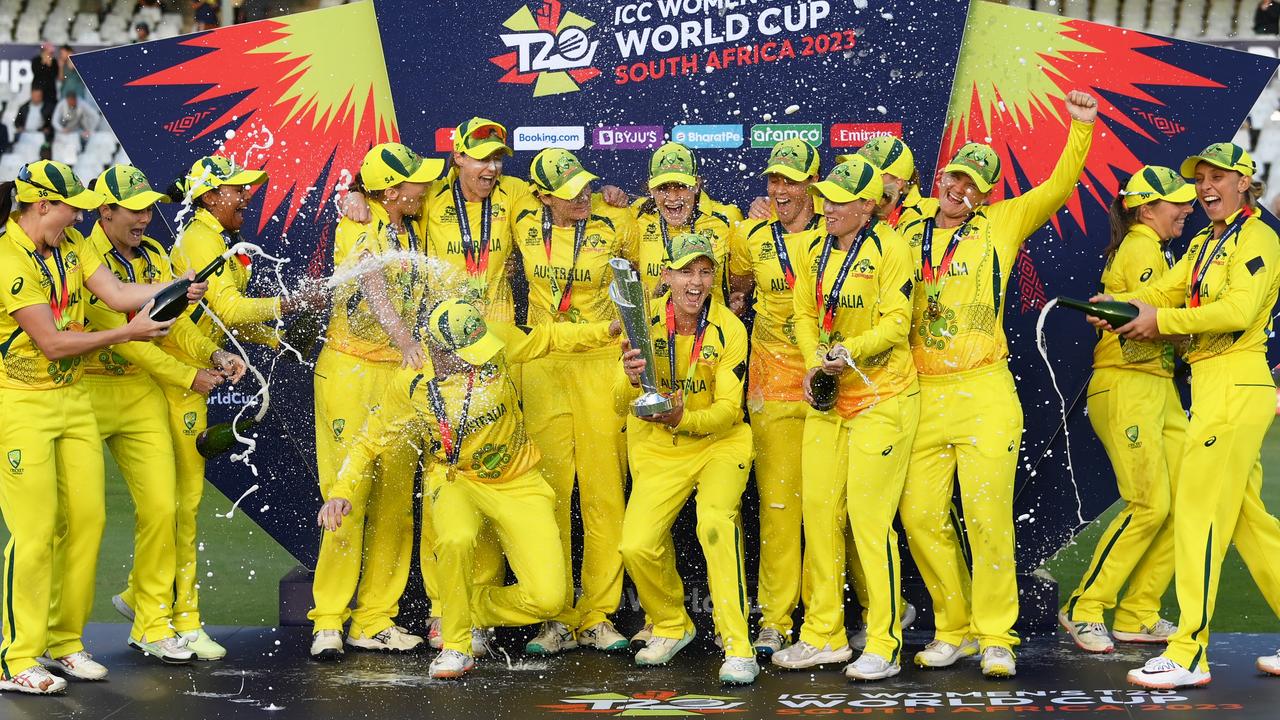 Meg Lanning lifts the ICC Women's T20 World Cup following Australia’s win over South Africa at Newlands Stadium. Picture: Getty Images