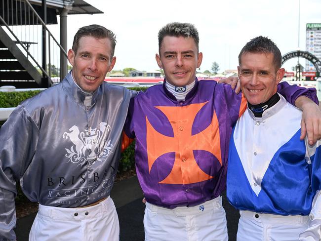 Queensland's 2024 Melbourne Cup jockeys, from left to right, Ron Stewart, Robbie Dolan and Mark Du Plessis. Picture: Grant Peters, Trackside Photography.