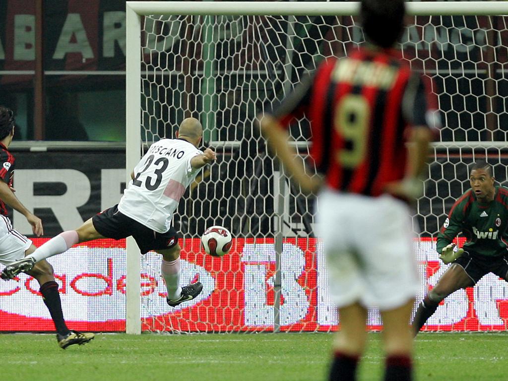 Mark Bresciano sends the ball past goalkeeper Dida to score for Palmero against AC Milan in the 2006-07 Serie A season. Throughout his seven year Serie A career, Bresciano played with Palmero and Parma, as well as Lazio in Serie B. Picture: AP