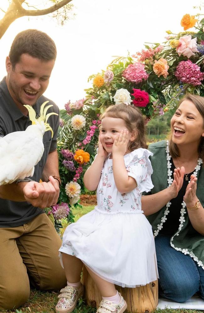 Chandler Powell and Bindi Irwin with daughter Grace who celebrated her 3rd birthday with a garden party at Australia Zoo. Picture: Instagram