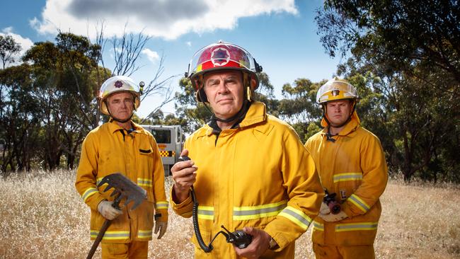 CFS Fire Fighters Matt Allan, Dale Thompson and Dale Adams ahead of the fire season in Blackwood. Picture: AAP/Matt Turner.