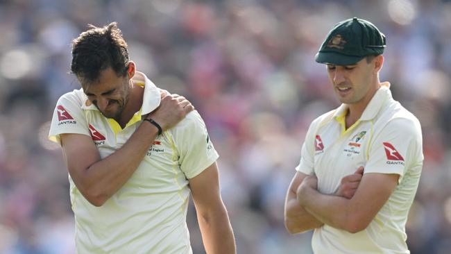 Mitchell Starc and Pat Cummins during day two of the 4th Test in Manchester.