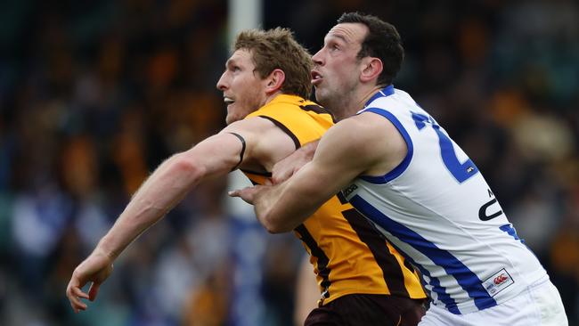 Ben McEvoy of the Hawks (left) and Todd Goldstein contest a ruck contest in Launceston. The Hawks could be joined by North in hosting matches in 2020 with Blundstone Arena ruled out. (AAP Image/Rob Blakers)