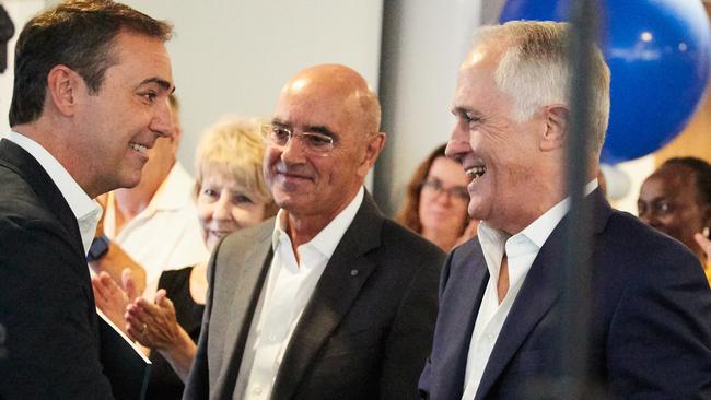 Premier Steven Marshall, Liberal Party President John Olsen and Prime Minister Malcolm Turnbull at the Liberal campaign launch. Picture: AAP / Matt Loxton