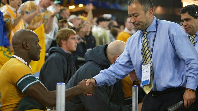 Wendell Sailor (left) shakes Eddie Jones’ hand after the 2023 Rugby World Cup final. (Photo by Nick Laham/Getty Images)