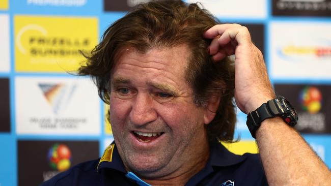 GOLD COAST, AUSTRALIA - MARCH 30: Des Hasler head coach of the Titans speaks to the media during the round four NRL match between Gold Coast Titans and Dolphins at Cbus Super Stadium, on March 30, 2024, in Gold Coast, Australia. (Photo by Chris Hyde/Getty Images)