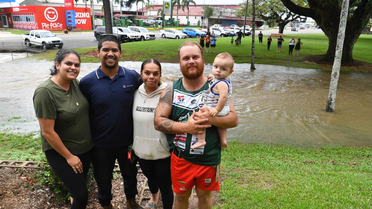 Croc in Palm Creek in centre of Ingham. Christy-lee Dumbleton, Seth Clements, Sophia Casady-Smallwood and Matthew Ivey holding Corbin Ivey. Picture: Evan Morgan