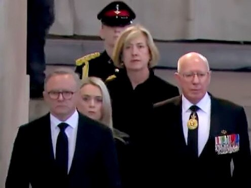 Australian Prime Minister Anthony Albanese and the Governor-general pay their respects to the Queen at Westminster Hall. Picture: Supplied