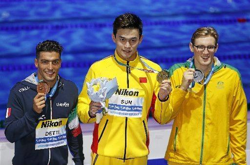 CONFLICT: Sun Yang and Mack Horton at the 2017 Budapest World Champs. Photo: AP Photo/ Darko Bandic. Picture: Darko Bandic