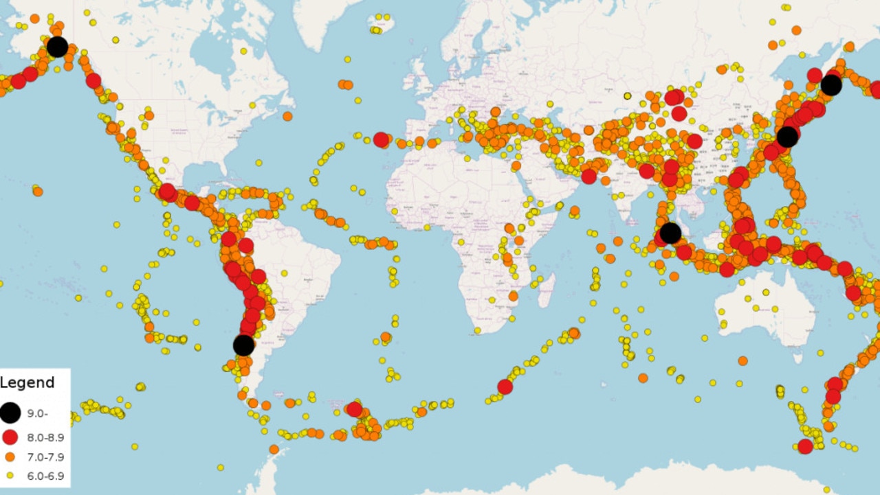 Moderate- major earthquakes plotted around the world. Picture: supplied