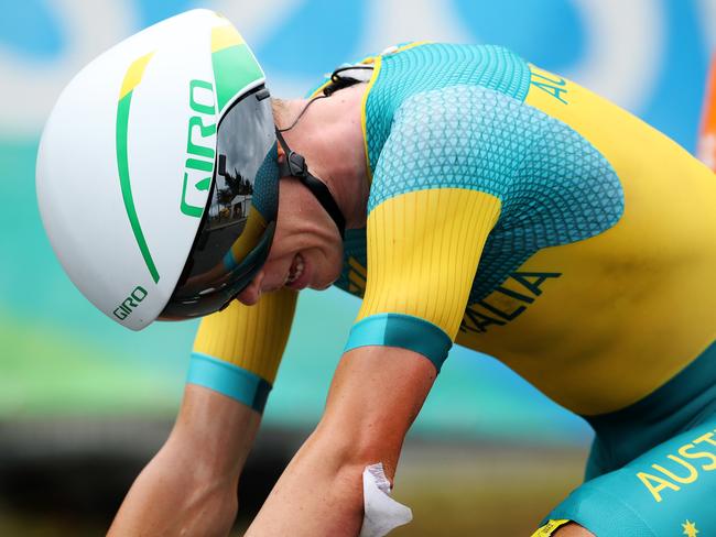 An unhappy Australian Rohan Dennis finishes the Rio 2016 Olympic road cycling Men's Individual Time Trial at Pontal. Pics Adam Head
