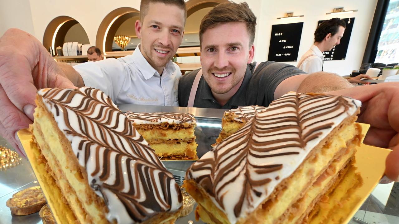 Adrien Marcinowski and Maxime Bournazel with vanilla slices at their Rise Bakery in Hamilton. Picture: Lyndon Mechielsen