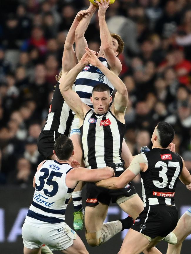 Rohan soars above Collingwood ruckman Darcy Cameron.