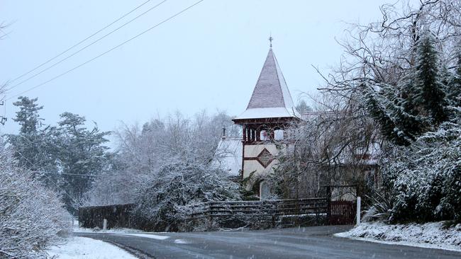 Hobart snow. The former St George's Church at Lachlan in the Derwent Valley