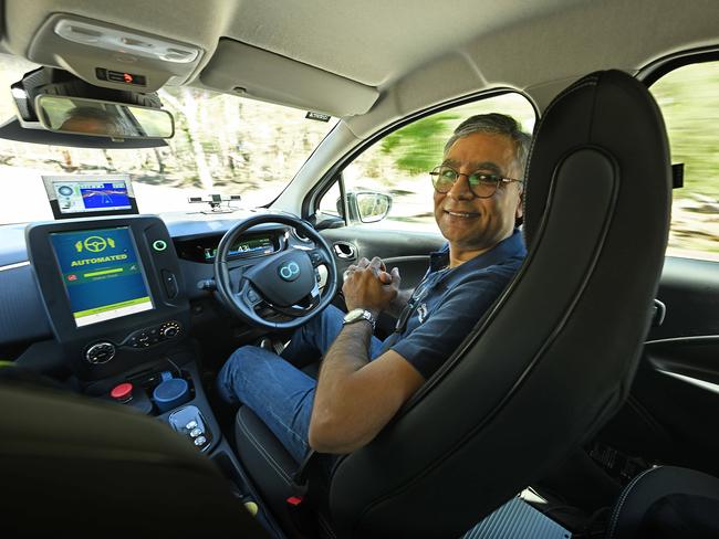 30/11/2023: Amit Trivedi, project lead, drives Ã¢â¬Åhands freeÃ¢â¬Â during testing of the ZOE2 self-driving car being trialled by the Queensland government. The vehicle is being developed by QUT and the QLD Department of Transport and Main Roads  pic: Lyndon Mechielsen/The Australian