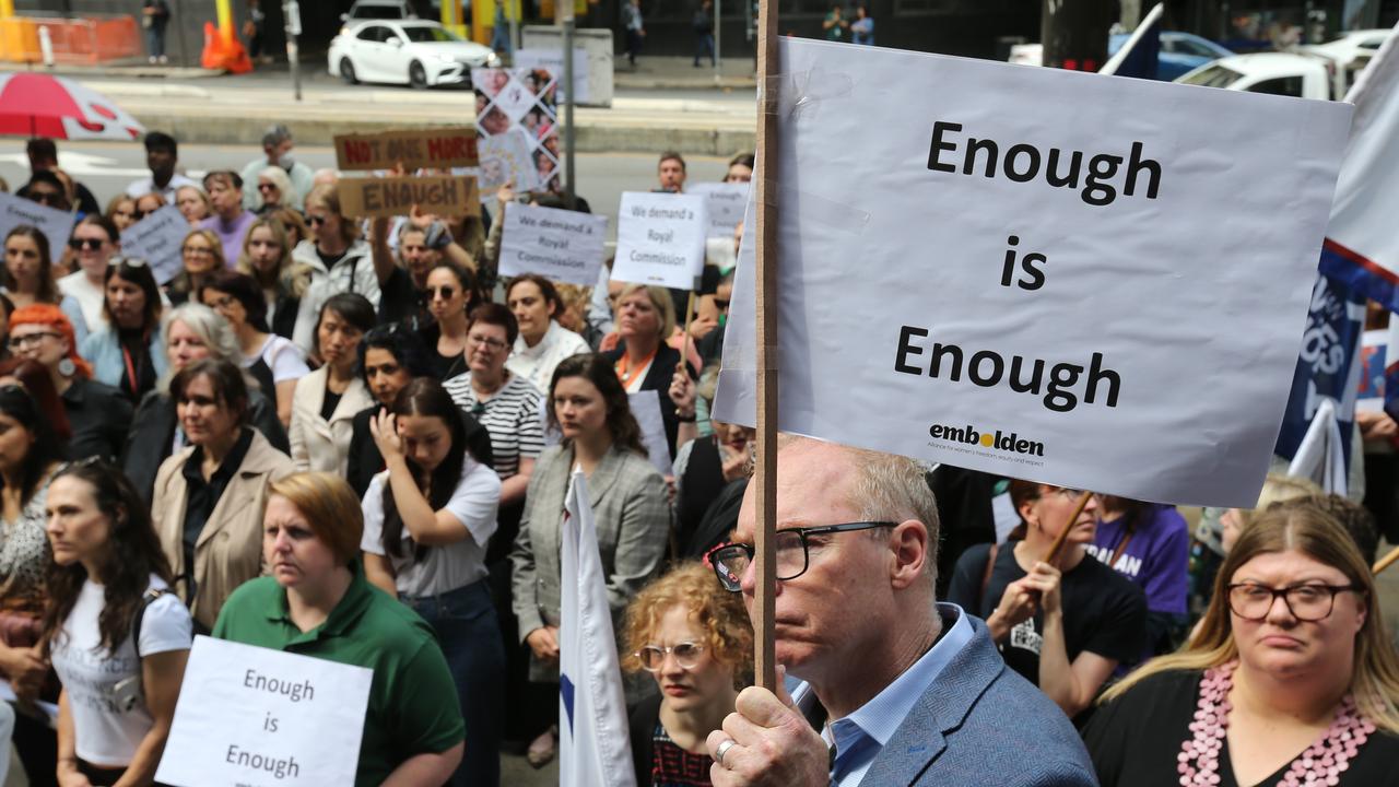 Rally on the steps of Parliament House to raise awareness for Domestic Violence deaths, where they were calling for a Royal Commission. Picture: Dean Martin