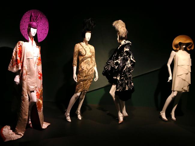 Pieces of fashion from the Isabella Blow fashion exhibition at the Powerhouse Museum.