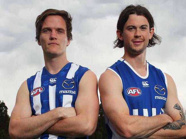 MELBOURNE, AUSTRALIA - NOVEMBER 20: Jared Polec (L) and Jasper Pittard of the Kangaroos pose during a North Melbourne Kangaroos AFL media opportunity at Arden Street Ground on November 20, 2018 in Melbourne, Australia. (Photo by Graham Denholm/Getty Images)