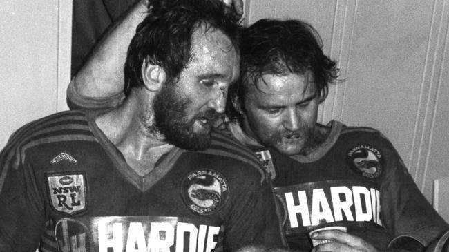 Ray Price, as Parramatta captain, and Eric Grothe after a loss in the mid-1980s. Pic from Cumberland archives.