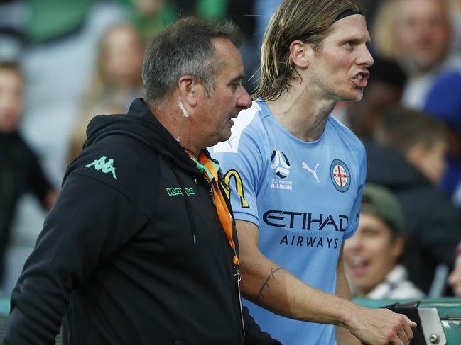 GEELONG, AUSTRALIA - OCTOBER 27: Harrison Delbridge of Melbourne City is escorted from the field after being shown a red card during the round three A-League match between Western United and Melbourne City at GMHBA Stadium on October 27, 2019 in Geelong, Australia. (Photo by Daniel Pockett/Getty Images)