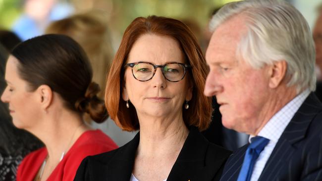 Former prime minister and beyondblue chair Julia Gillard speaks at the unveiling of a sanctuary and sculpture at Macquarie Park Cemetery in Sydney. Picture: AAP