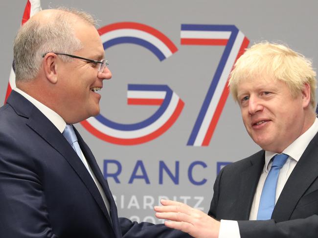 Prime Minister Scott Morrison holds a bilateral meeting with UK leader Boris Johnson at the G7 Summit in Biarritz, France on Monday, August 26, 2019. Picture: Adam Taylor/PMO