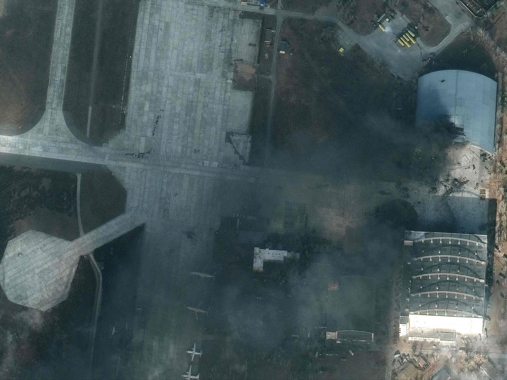 An overview of damage caused by recent airstrikes and heavy fighting in and around the Antonov airport at Gostomel, north-west of Kyiv. Picture: Maxar Technologies/AFP