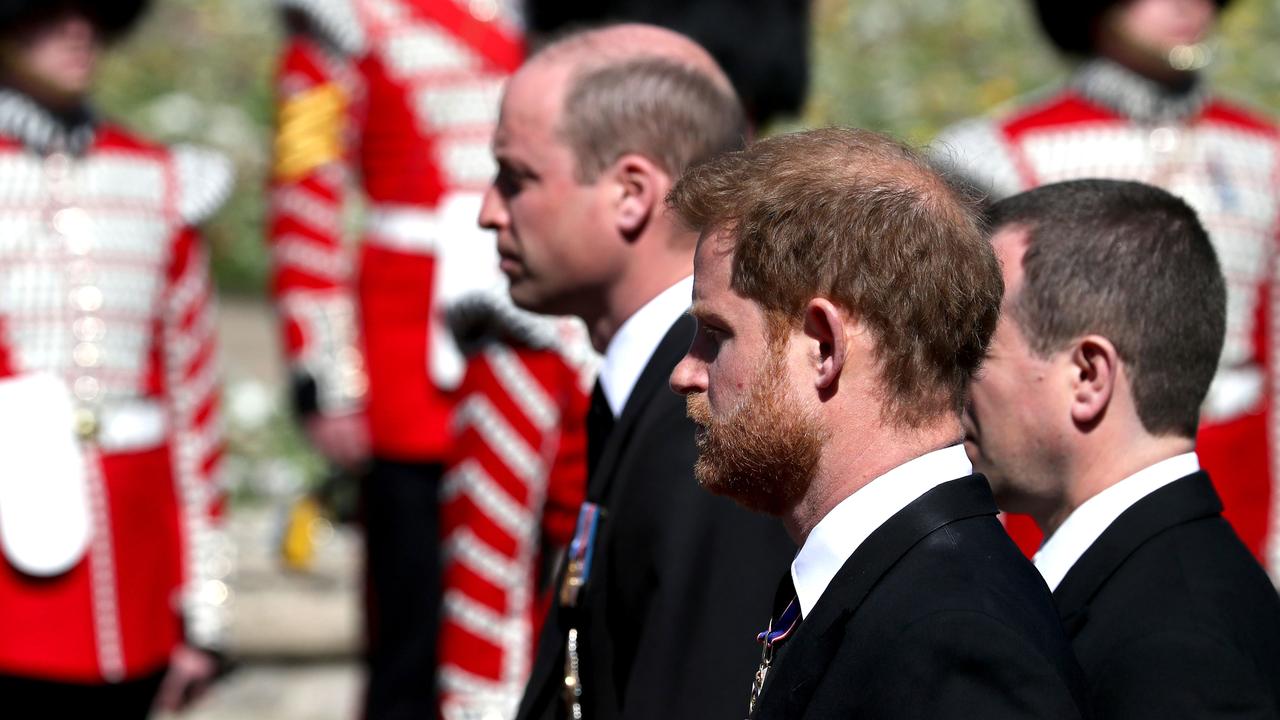 William, Harry and Peter Philips during the procession. Picture: Gareth Fuller/Getty Images
