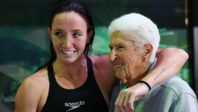 BRISBANE, AUSTRALIA - JUNE 10: Lani Pallister of Queensland celebrates with Dawn Fraser after the Womenâs 400m Freestyle Final during the 2024 Australian Swimming Trials at Brisbane Aquatic Centre on June 10, 2024 in Brisbane, Australia. (Photo by Quinn Rooney/Getty Images)