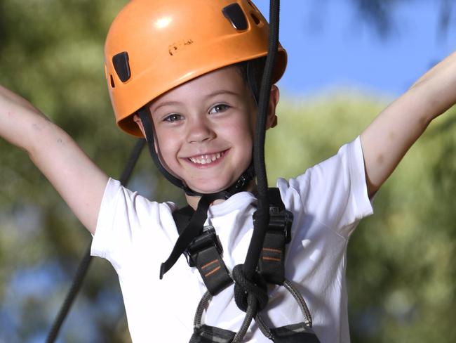 12Ã/3/21 - Adventure Adelaide' - Hamish, 5, at Adelaide Treeclimb in the South Parklands (dad Jake 0401231509). Picture - Naomi Jellicoe