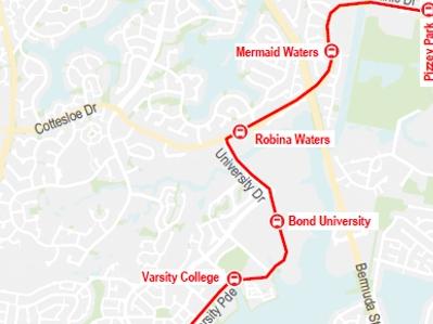 Artist impression and maps of the proposed Gold Coast electric bus system, known as the Bus Rapid Transit (BRT)