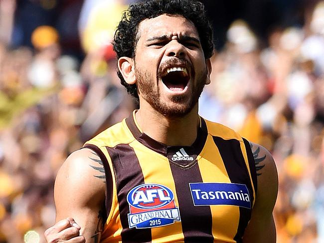 Cyril Rioli of Hawthorn celebrates after kicking another goal during The 2015 AFL Grand Final at the MCG between the West Coast and Hawthorn AFLGF2015.  Picture: Nicole Garmston