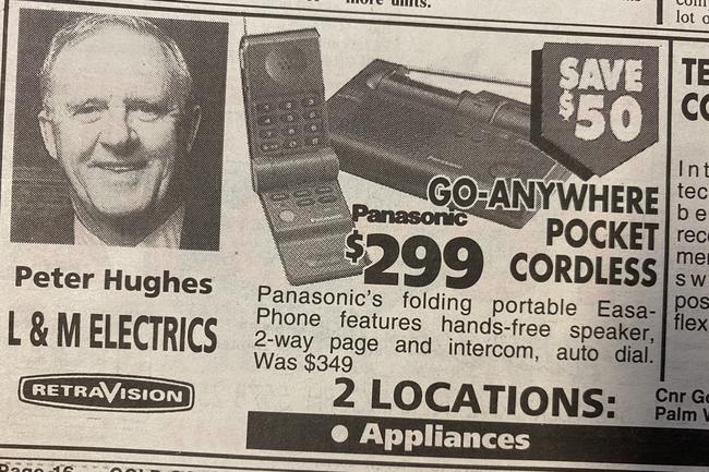 A foldable portable home phone. This technology did not last. Advertisements in the Gold Coast Bulletin, August 1995. Gold Coast History.