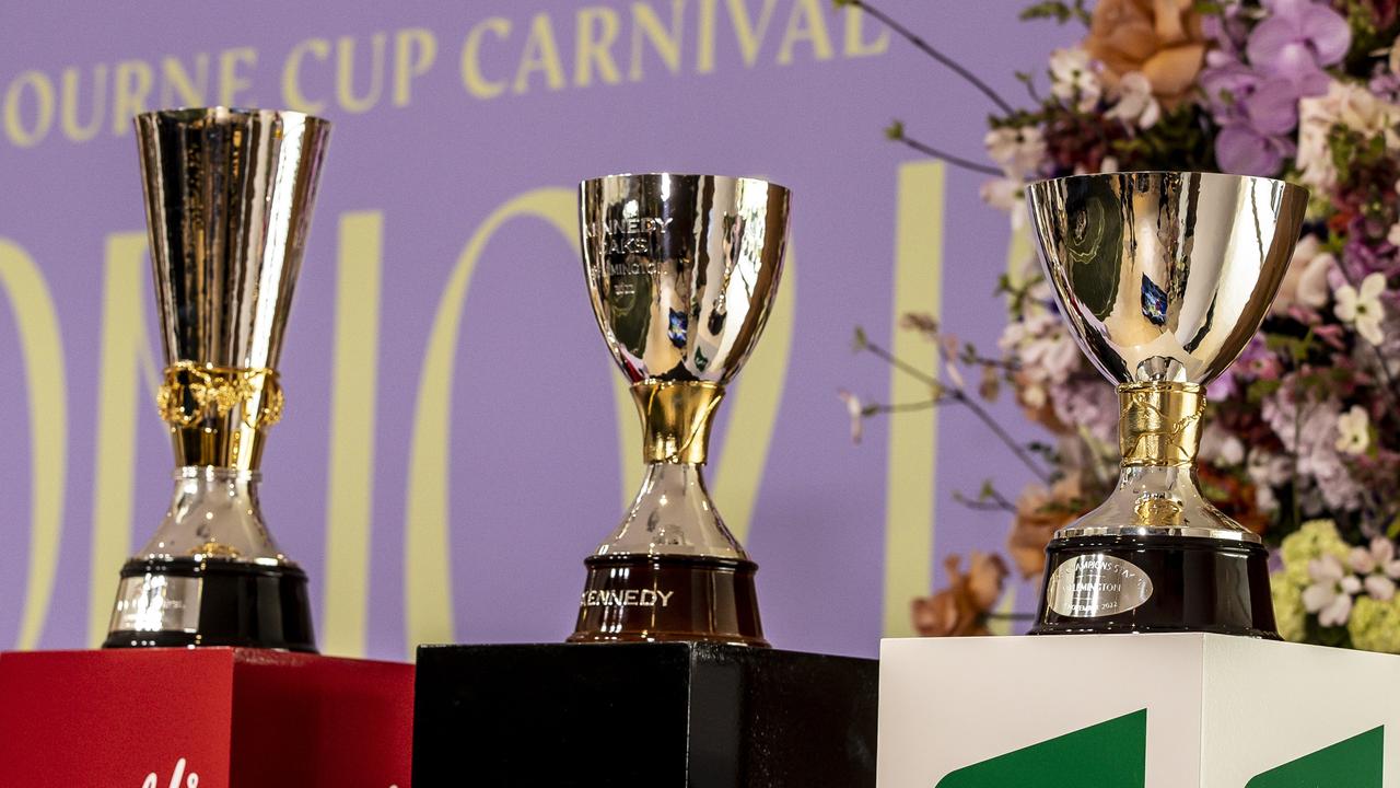 The Derby, Oaks and Stakes day trophies are seen at the 2022 Melbourne Cup Carnival launch at Flemington.